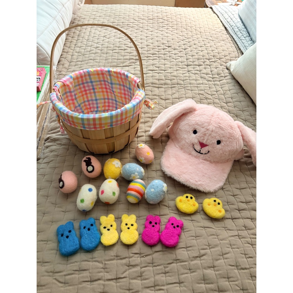 Easter Basket Set with Bunny Hat and Felt Egg Bunny Peeps Chicks Baby Kids Toys - Picture 2 of 10